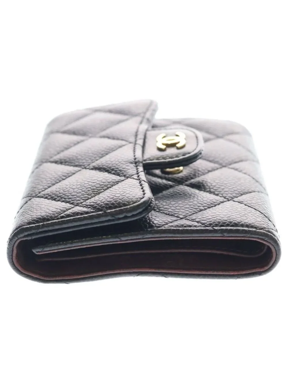 Chanel Quilted Caviar Leather Gold Classic Small Flap Wallet Trifold Black